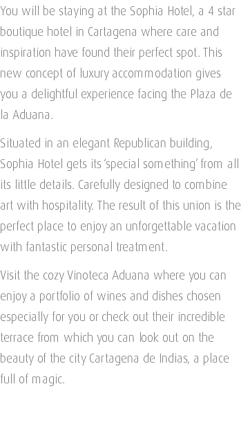 You will be staying at the Sophia Hotel, a 4 star boutique hotel in Cartagena where care and inspiration have found their perfect spot. This new concept of luxury accommodation gives you a delightful experience facing the Plaza de la Aduana. Situated in an elegant Republican building, Sophia Hotel gets its ‘special something’ from all its little details. Carefully designed to combine art with hospitality. The result of this union is the perfect place to enjoy an unforgettable vacation with fantastic personal treatment. Visit the cozy Vinoteca Aduana where you can enjoy a portfolio of wines and dishes chosen especially for you or check out their incredible terrace from which you can look out on the beauty of the city Cartagena de Indias, a place full of magic. 